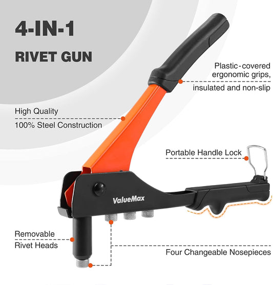 4-in-1 Hand Riveter/Rivet Gun, Pop Rivet Tool Kit with 200 Rivets - 3/32-inch, 1/8-inch, 5/32-inch, 3/16-inch, 4 Interchangeable Nosepieces,