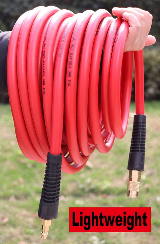 "3/8" x 50' Hybrid Air Hose – 300 PSI Heavy Duty, Lightweight & Kink Resistant with 1/4" Brass Fittings – Red"