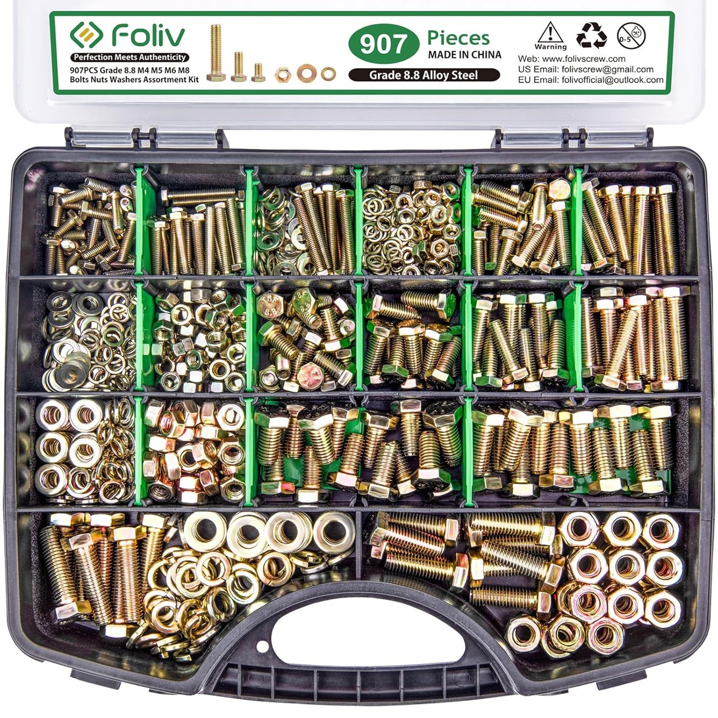 907pcs Grade 8.8 Metric Bolt Assortment, M4 M5 M6 M8 Heavy Duty Bolts and Nuts Kit, Yellow Zinc Plated, Length from 12-30mm