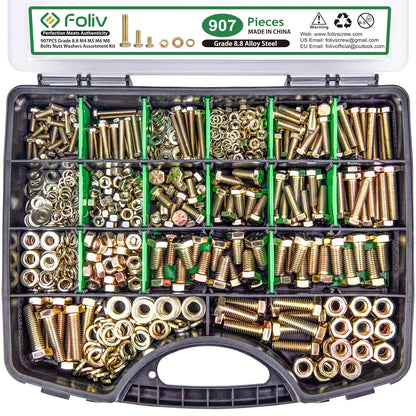 907pcs Grade 8.8 Metric Bolt Assortment, M4 M5 M6 M8 Heavy Duty Bolts and Nuts Kit, Yellow Zinc Plated, Length from 12-30mm