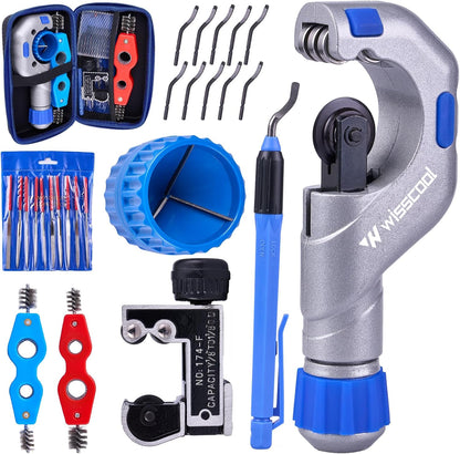 Tube Cutter Set 8 IN 1, Heavy Duty Pipe Cutter 1/8''-2'', Mini Pipe Cutter 1/8 to 1-1/8”, Deburring Tool with 10 Steel Blades Tubing Reamer 2 Copper Pipe Cleaner Brush for HVAC Plumbing