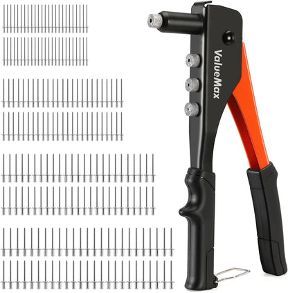 4-in-1 Hand Riveter/Rivet Gun, Pop Rivet Tool Kit with 200 Rivets - 3/32-inch, 1/8-inch, 5/32-inch, 3/16-inch, 4 Interchangeable Nosepieces,