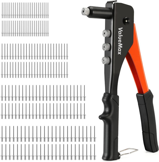 4-in-1 Hand Riveter/Rivet Gun, Pop Rivet Tool Kit with 200 Rivets - 3/32-inch, 1/8-inch, 5/32-inch, 3/16-inch, 4 Interchangeable Nosepieces,