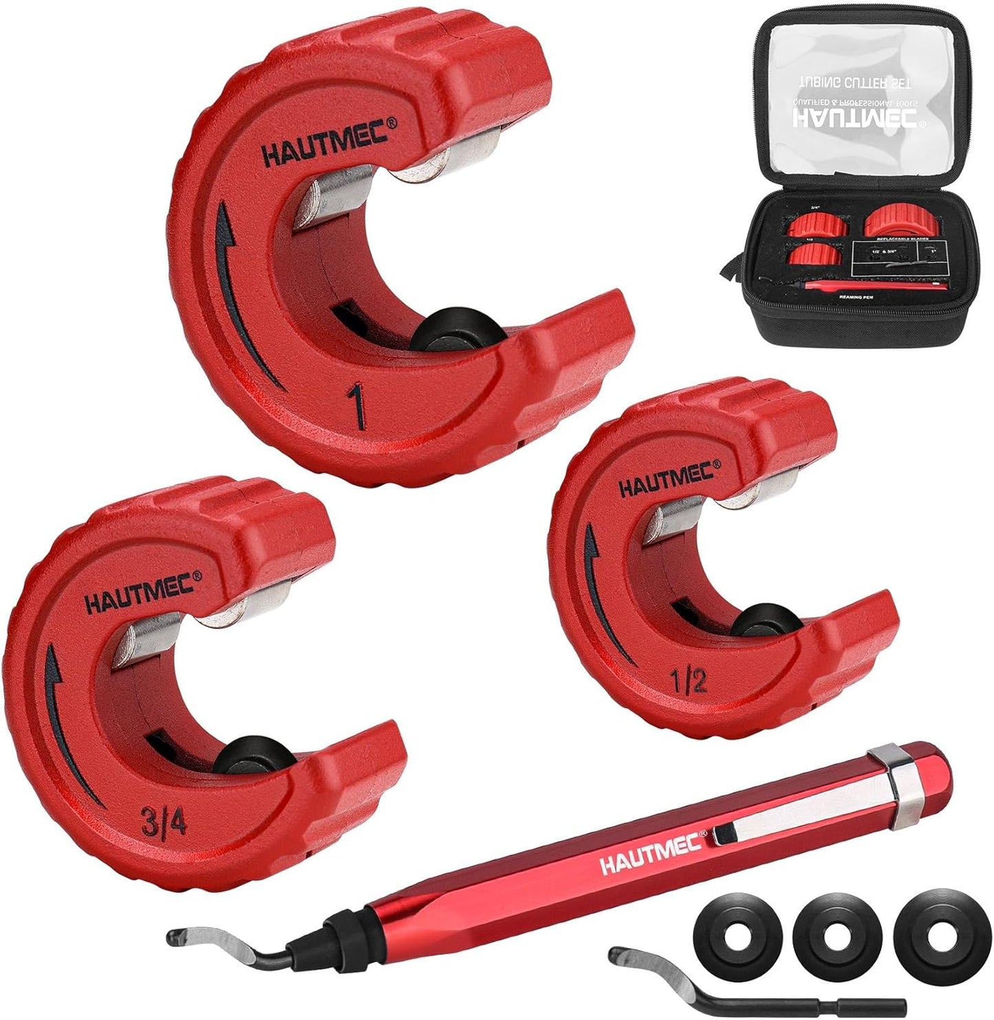 Copper Tubing Cutter Set 3 PCS Copper Pipe Cutter Tool, In Portable Storage Case, Includes 1/2 in., 3/4 in., and 1 in. Cutters, Reaming Pen, 3 Spare Cutting Wheels