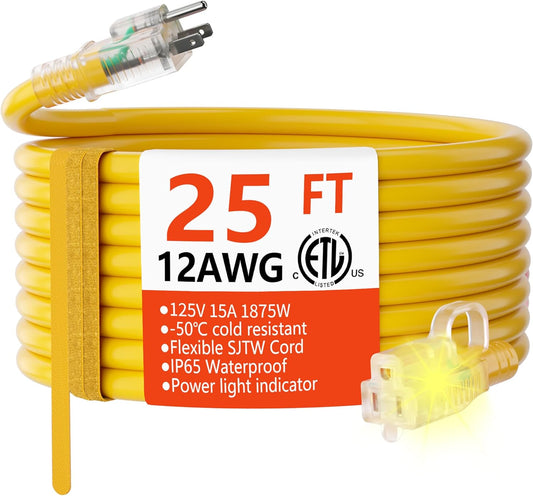 25FT Heavy-Duty Outdoor Extension Cord – 12/3 Gauge, 15A 1875W, Waterproof & Cold-Resistant Yellow Cable with Lighted End (ETL Listed)