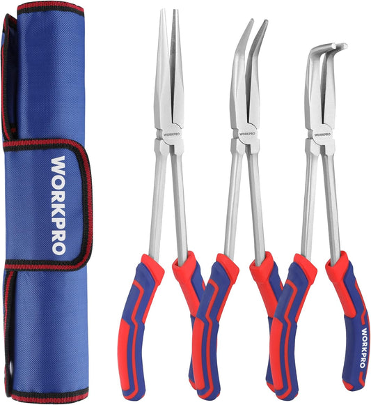 WORKPRO 11-Inch Long Reach Needle Nose Pliers – Straight & Bent Tip Set for Precision Gripping in Confined Spaces