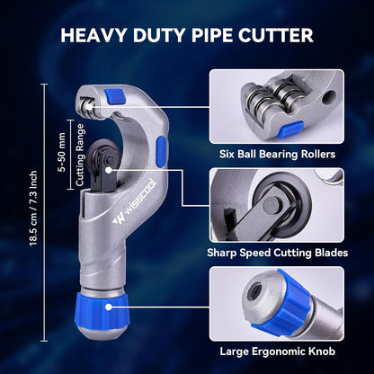 Tube Cutter Set 8 IN 1, Heavy Duty Pipe Cutter 1/8''-2'', Mini Pipe Cutter 1/8 to 1-1/8”, Deburring Tool with 10 Steel Blades Tubing Reamer 2 Copper Pipe Cleaner Brush for HVAC Plumbing