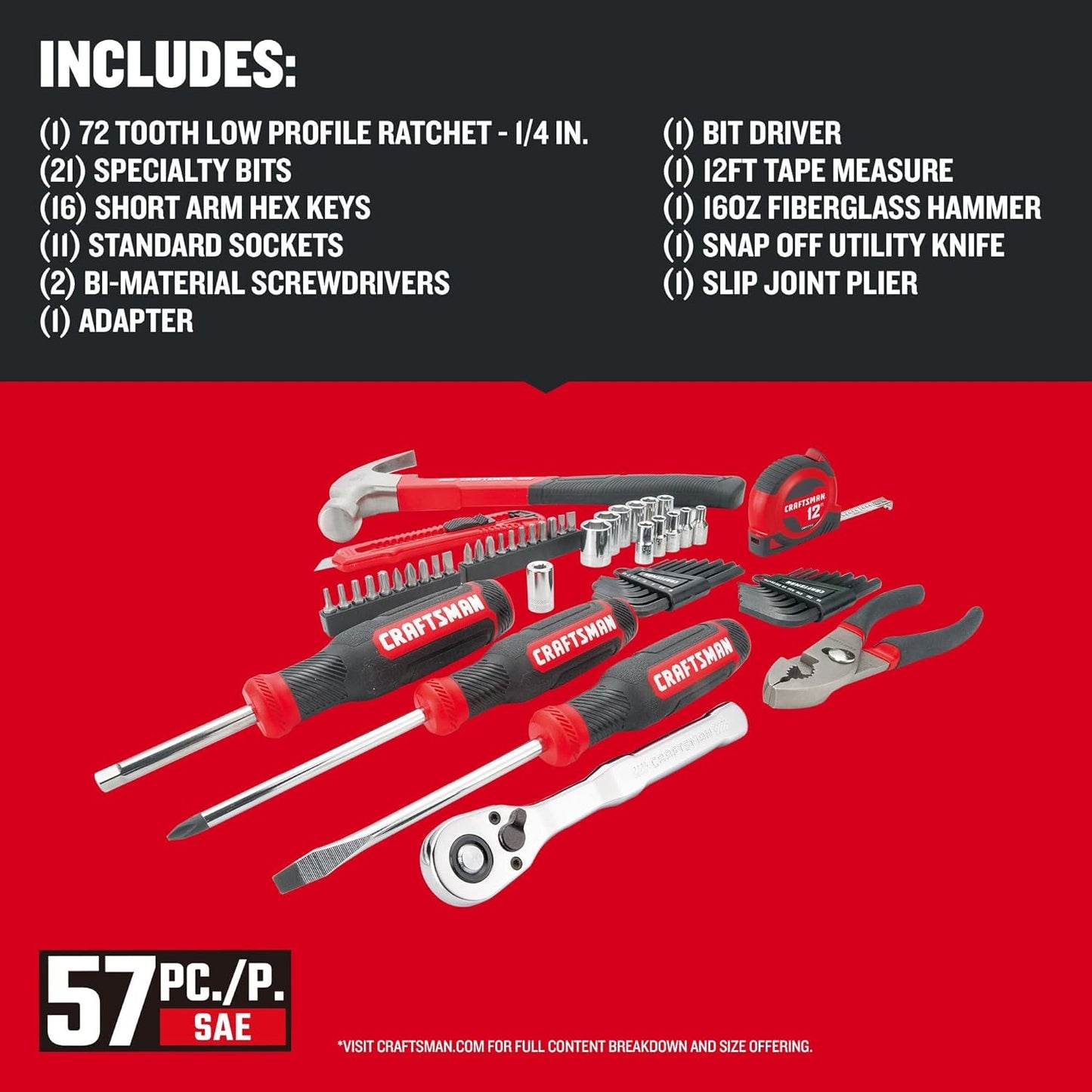 CRAFTSMAN 57-Piece Mechanics Tool Set (CMMT99447) – SAE/Metric Sockets, Impact Ready, Auto & Home Repair Kit