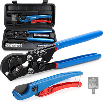 2 IN 1 Ratchet Pex Crimping Tool Cinch and Remove Combo Function Pex Pipe Crimp Tool from 3/8" to 1" Pex Crimper with Pex Cutter and Stainless Steel Pex Clamps 1/2" 25PCS, 3/4" 10PCS in Plastic Box