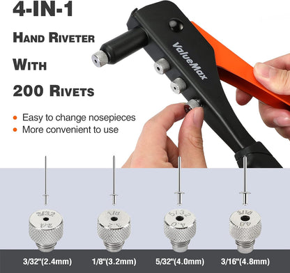 4-in-1 Hand Riveter/Rivet Gun, Pop Rivet Tool Kit with 200 Rivets - 3/32-inch, 1/8-inch, 5/32-inch, 3/16-inch, 4 Interchangeable Nosepieces,