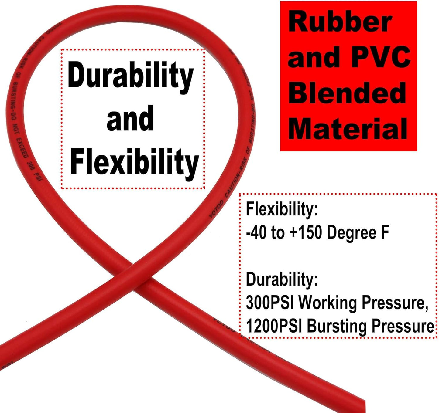 "3/8" x 50' Hybrid Air Hose – 300 PSI Heavy Duty, Lightweight & Kink Resistant with 1/4" Brass Fittings – Red"