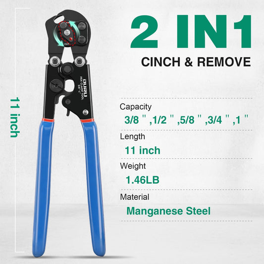 2 IN 1 Ratchet Pex Crimping Tool Cinch and Remove Combo Function Pex Pipe Crimp Tool from 3/8" to 1" Pex Crimper with Pex Cutter and Stainless Steel Pex Clamps 1/2" 25PCS, 3/4" 10PCS in Plastic Box