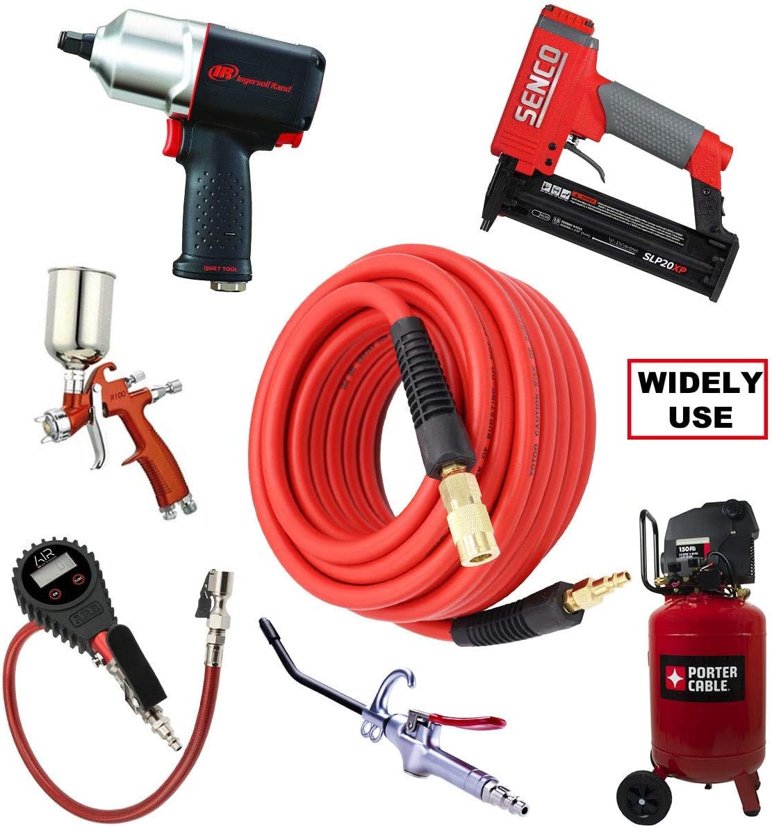 "3/8" x 50' Hybrid Air Hose – 300 PSI Heavy Duty, Lightweight & Kink Resistant with 1/4" Brass Fittings – Red"