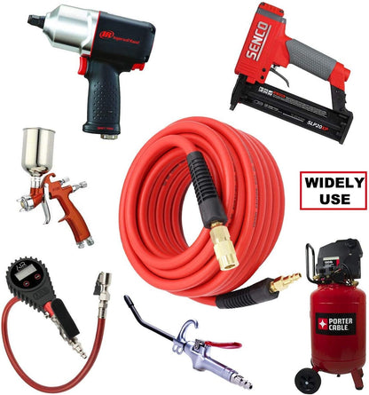 "3/8" x 50' Hybrid Air Hose – 300 PSI Heavy Duty, Lightweight & Kink Resistant with 1/4" Brass Fittings – Red"